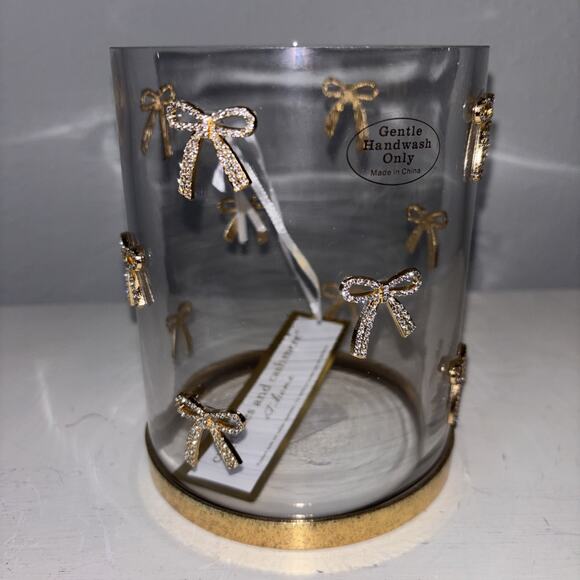 Cupcakes & Cashmere Large Gold Rhinestone Bow Glass Candle Vase Hurricane New - Picture 1 of 3